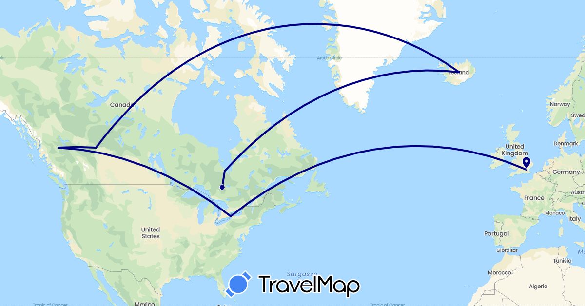 TravelMap itinerary: driving in Canada, United Kingdom, Iceland, United States (Europe, North America)